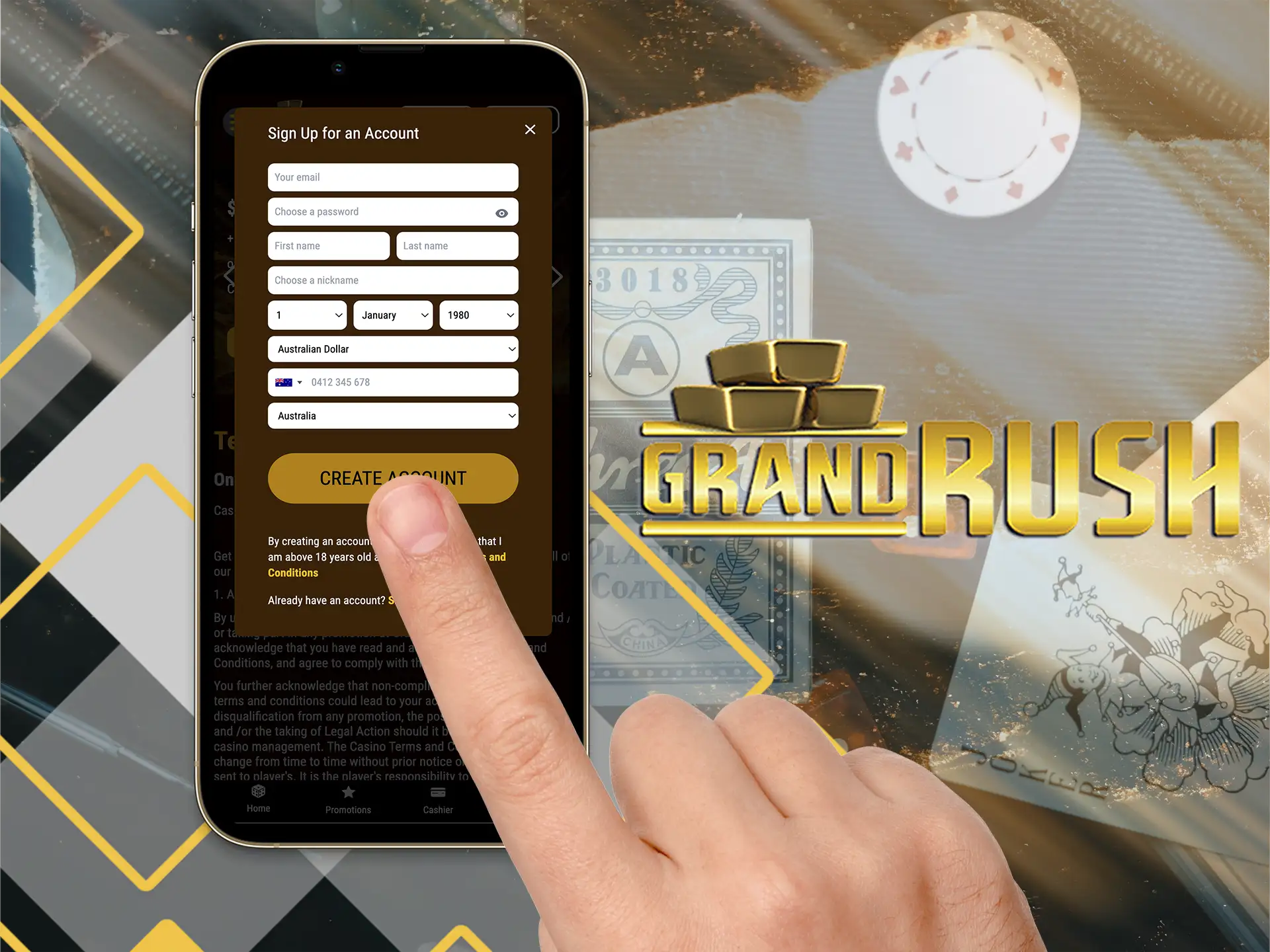 You can access to your account in one click through Grand Rush app.