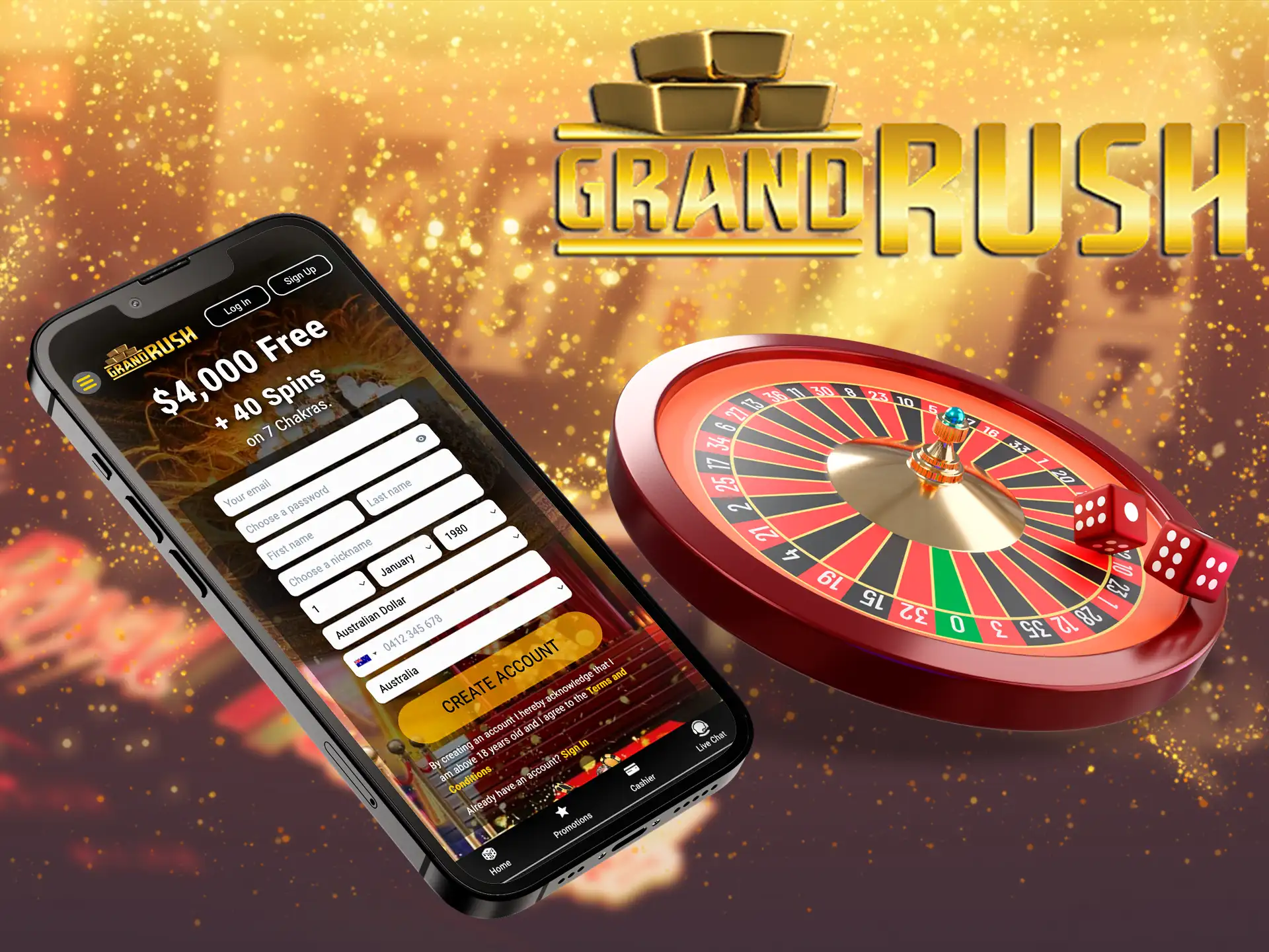 Use Grand Rush mobile website version to play casino games online.