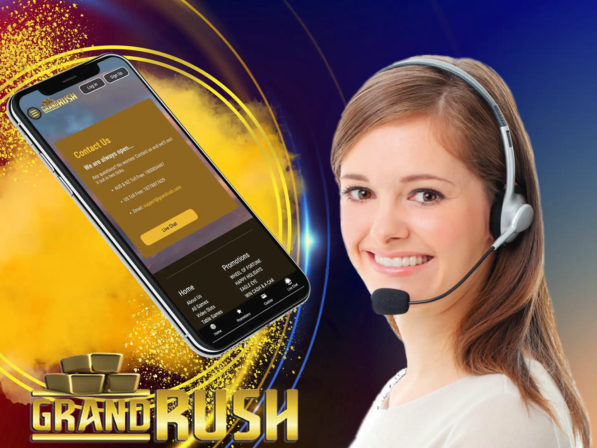 To contact Grand Rush you can use email, phone number, and live chat.
