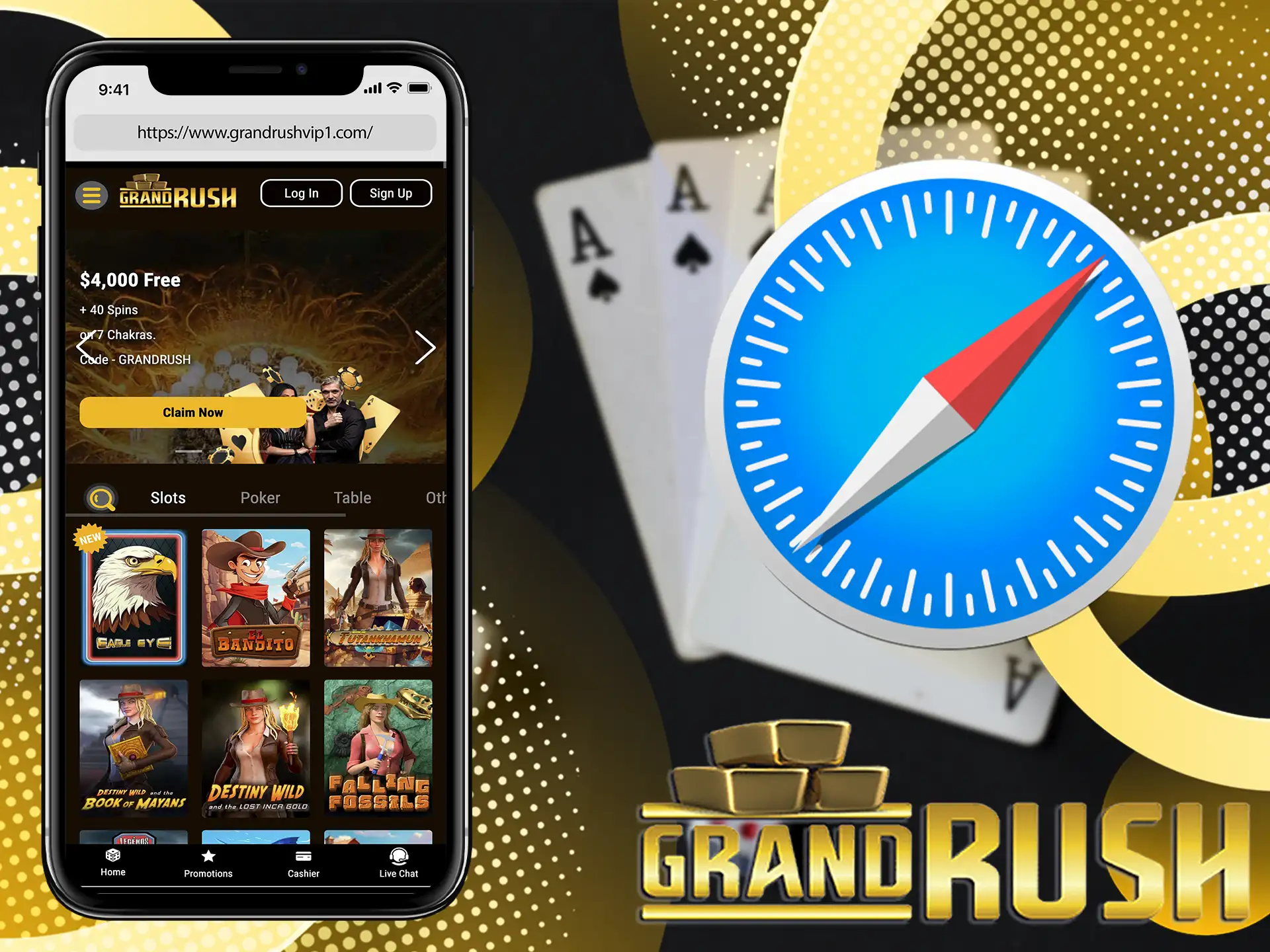 Use Grand Rush mobile version to play casino without downloading an app.
