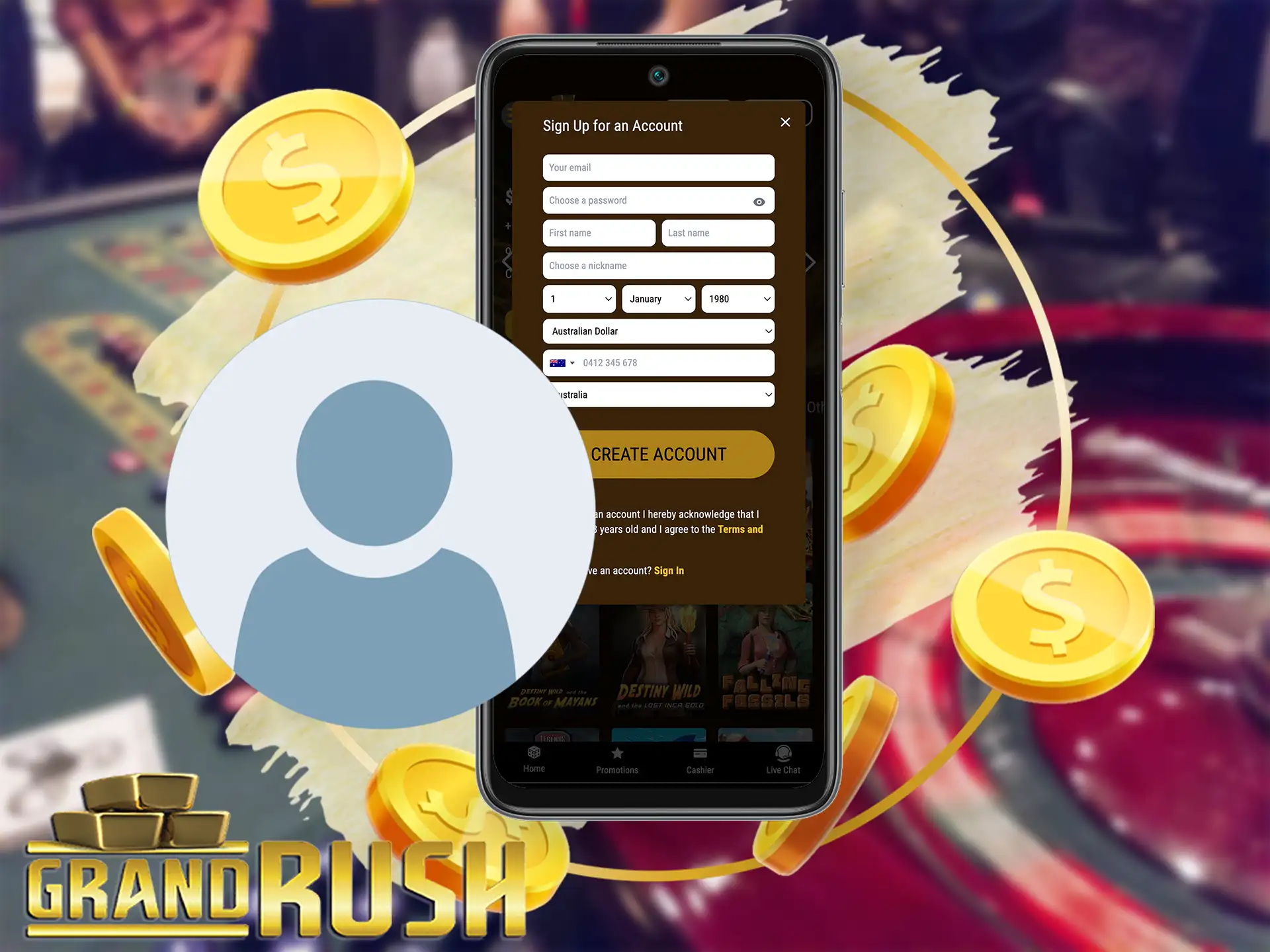 Register on Grand Rush Online Casino in 4 simple steps to place bets.