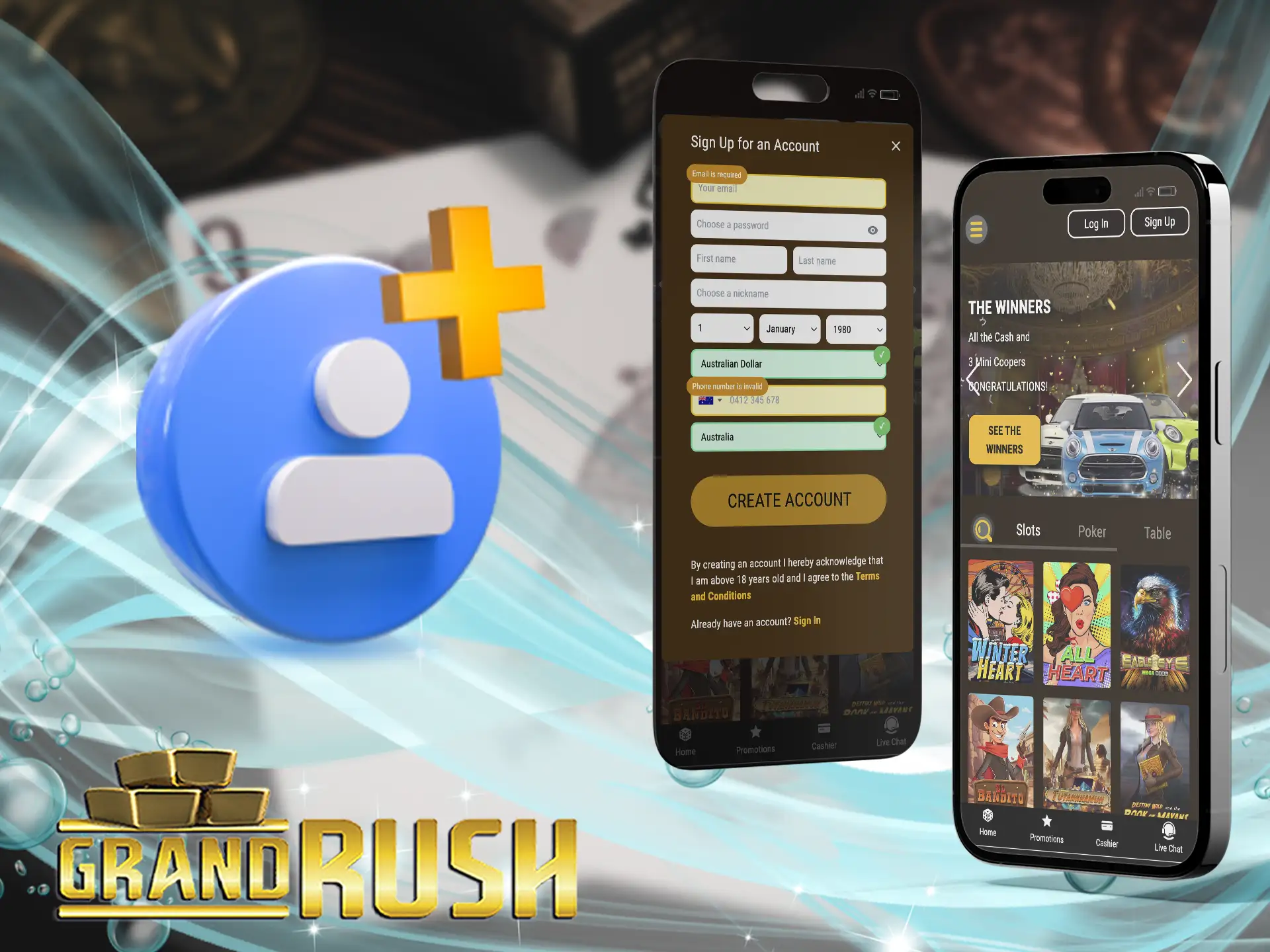 Create a Grand Rush account via the app with 4 easy steps.