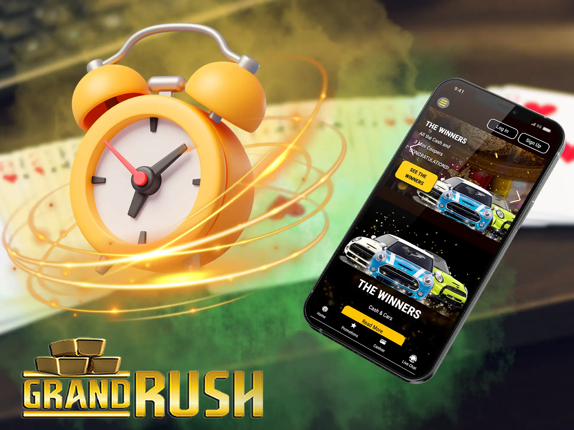 Claim 100 free spins during Grand Rush Happy Hours bonus from 12 noon to 2 pm.