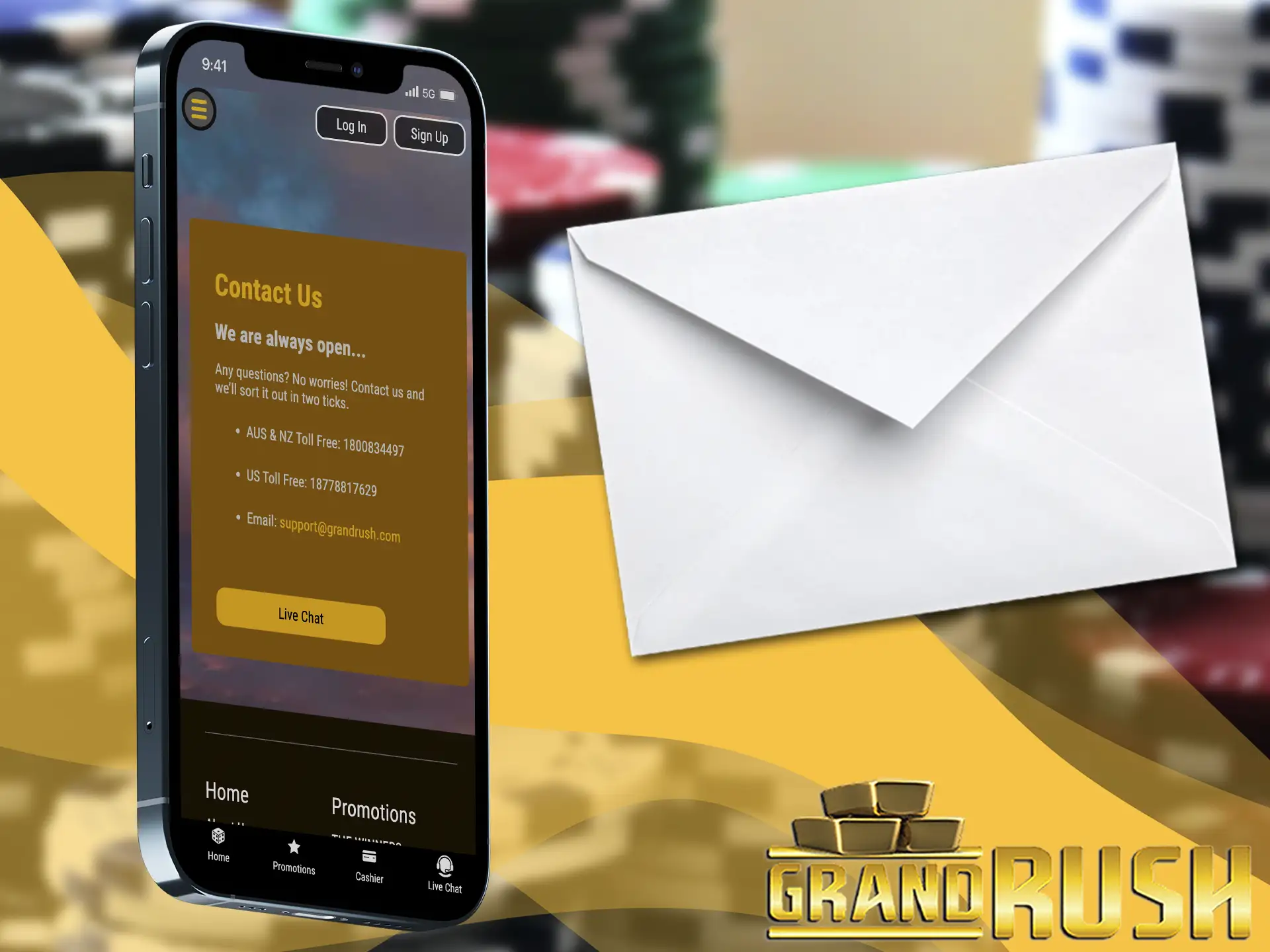 You can contact the experts at Grand Rush Casino using regular email.