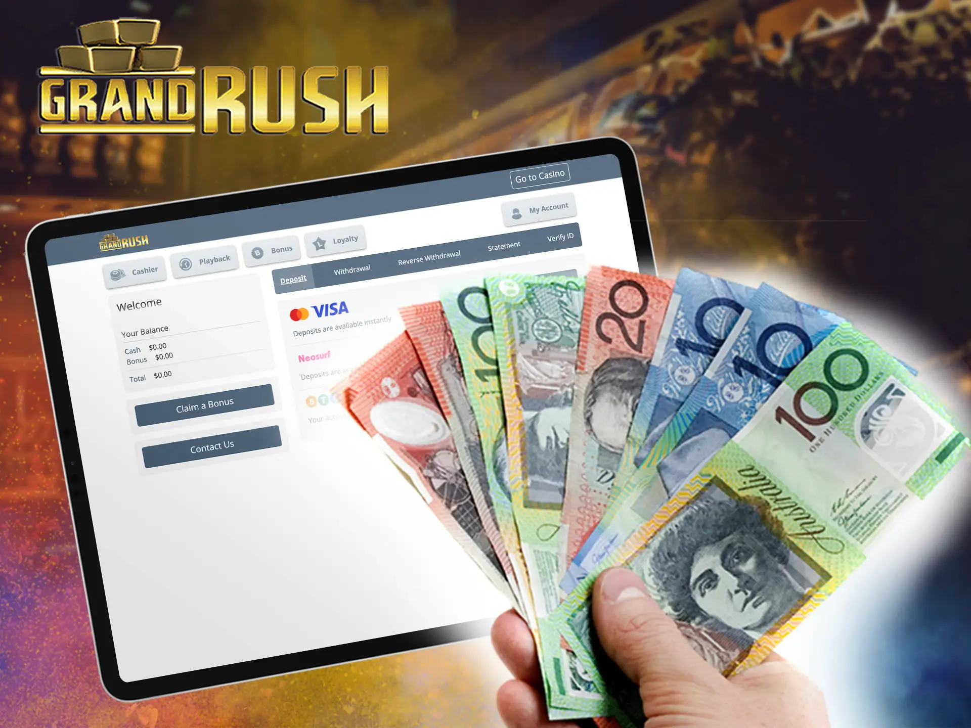 Learn how to deposit money at Grand Rush in 3 simple steps.