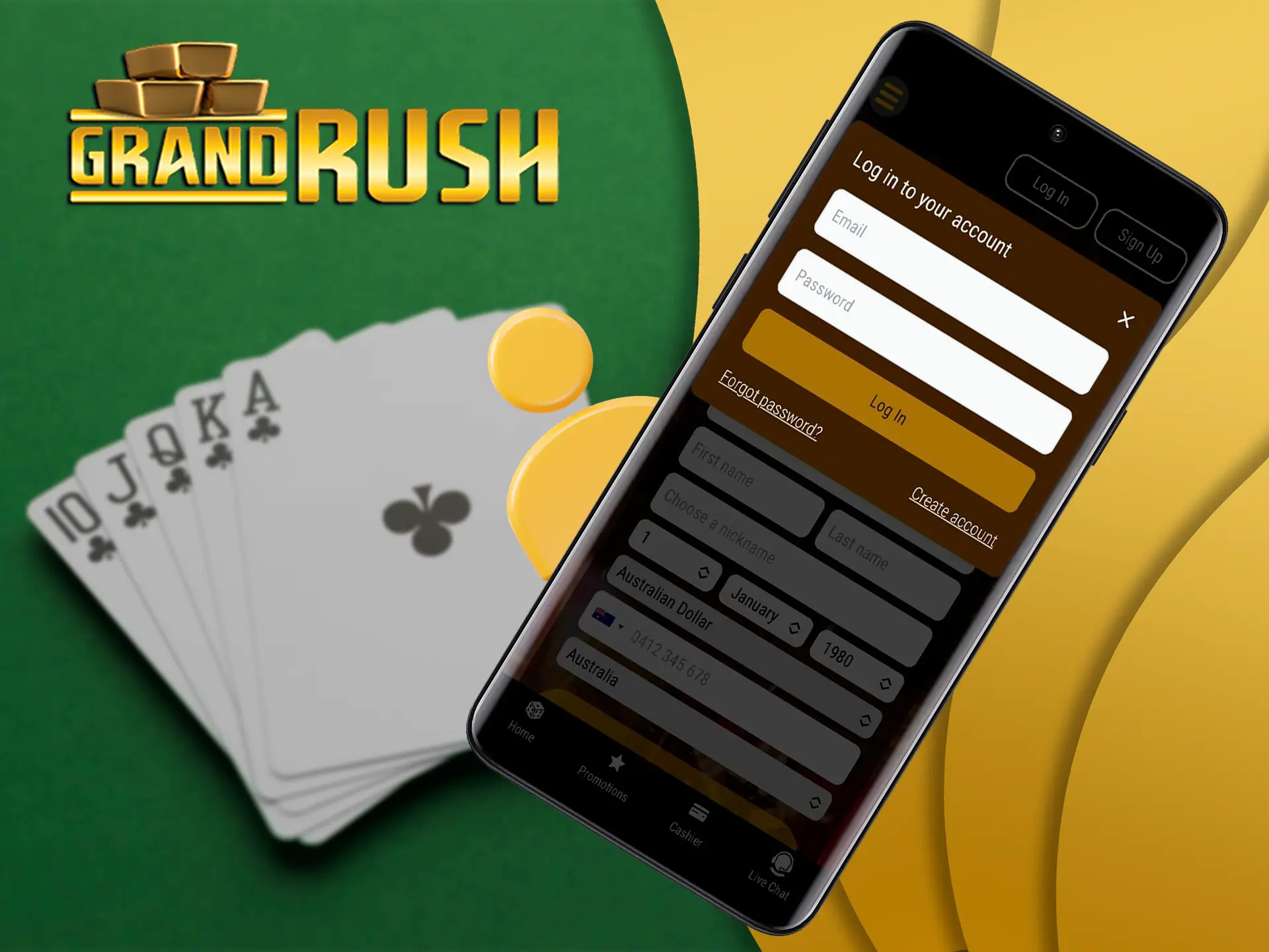Log in to your account in the Grand Rush app to access casino games.