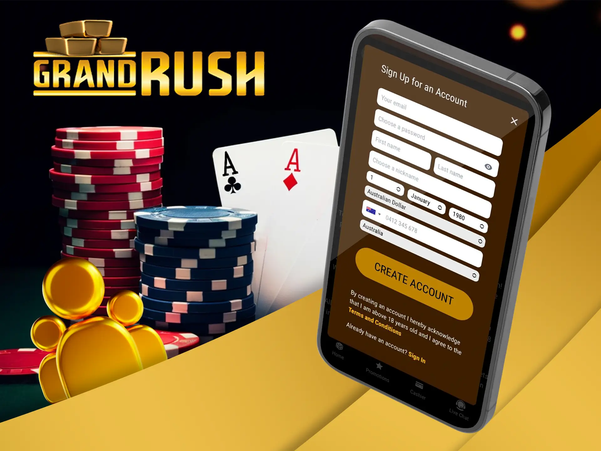 Register in the Grand Rush mobile app to start playing casino games.