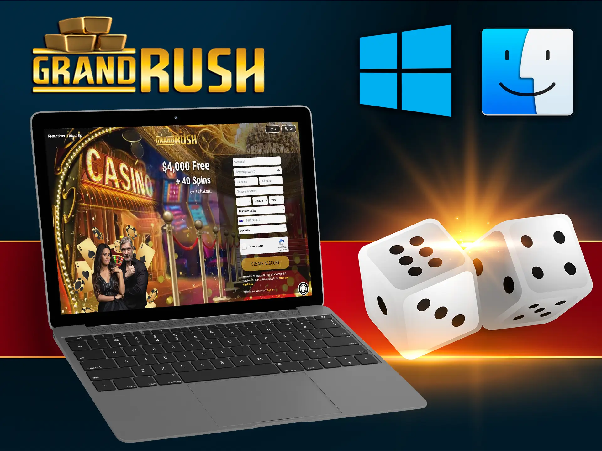 Use the Grand Rush Casino website on any Windows and macOS devices.