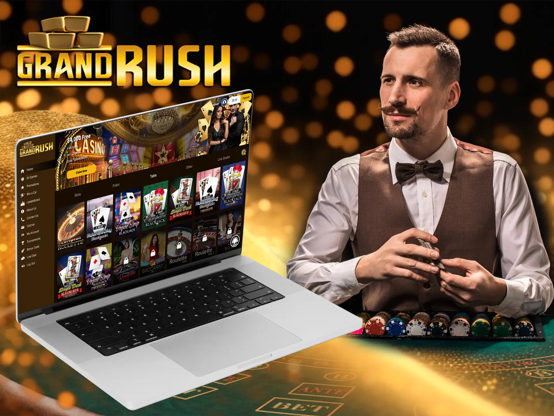 You can play with real dealers in the Grand Rush Live casino section.