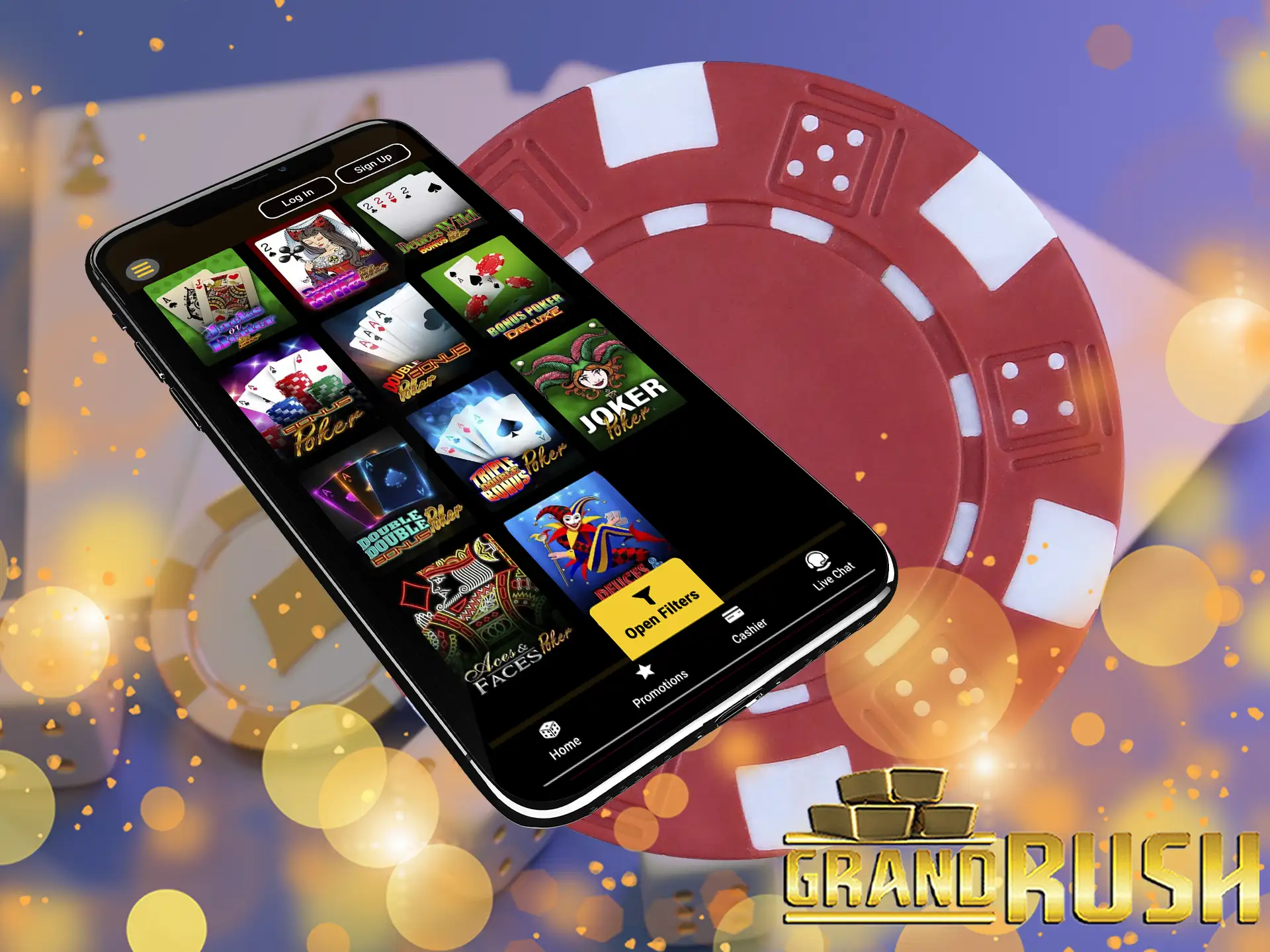 Play Blackjack at Grand Rush Casino through mobile application for Android and iOS.