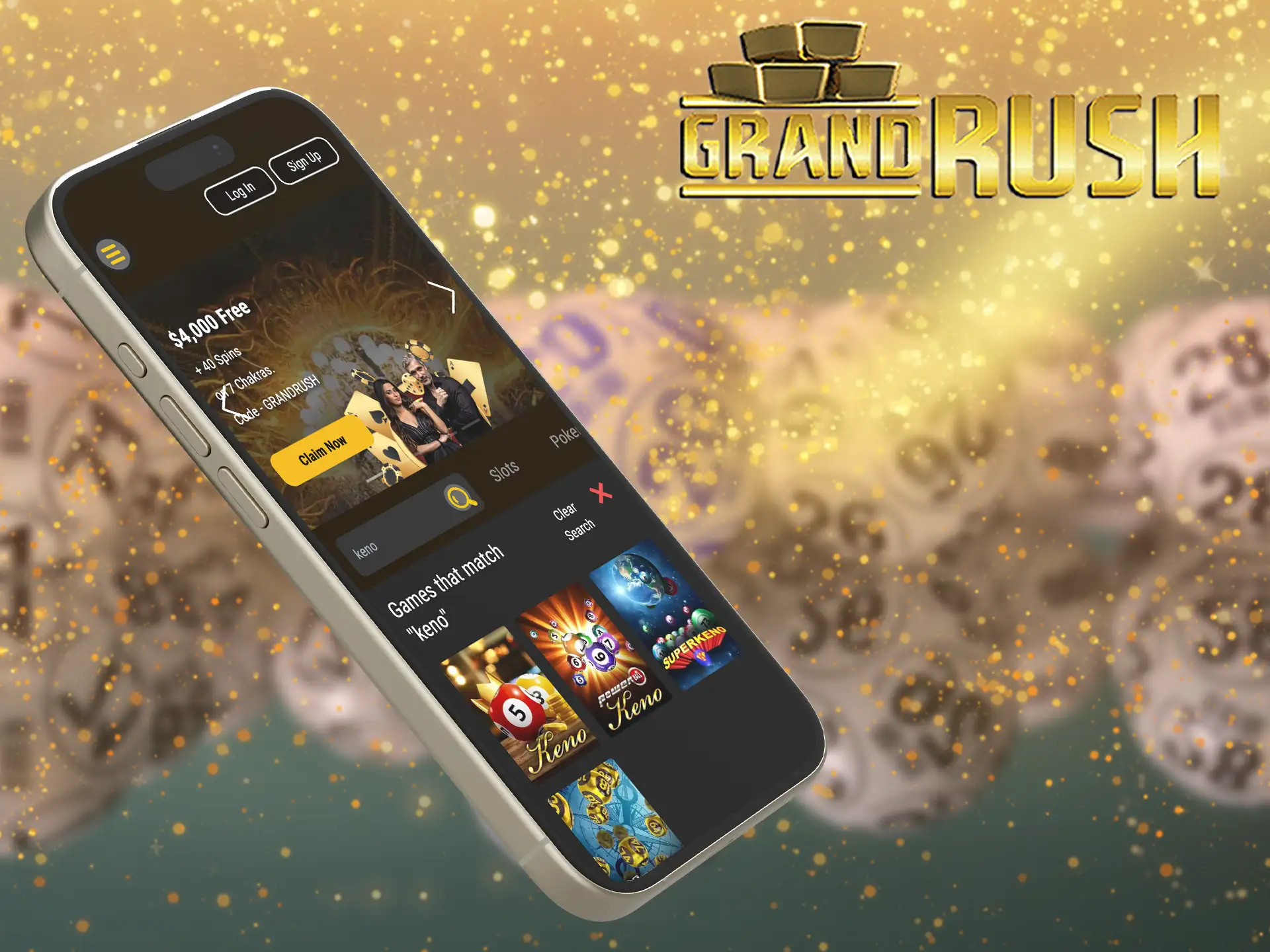 Use a mobile website to play Grand Rush Keno games on your phone.