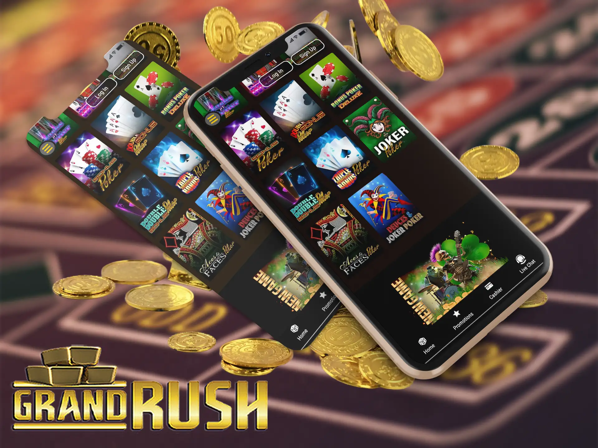Play poker at Grand Rush through mobile app for any Android and iOS device.