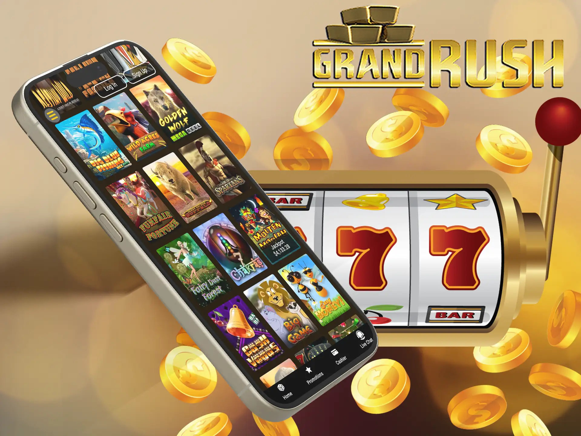 Play slots at Grand Rush Casino through Android and iOS devices.