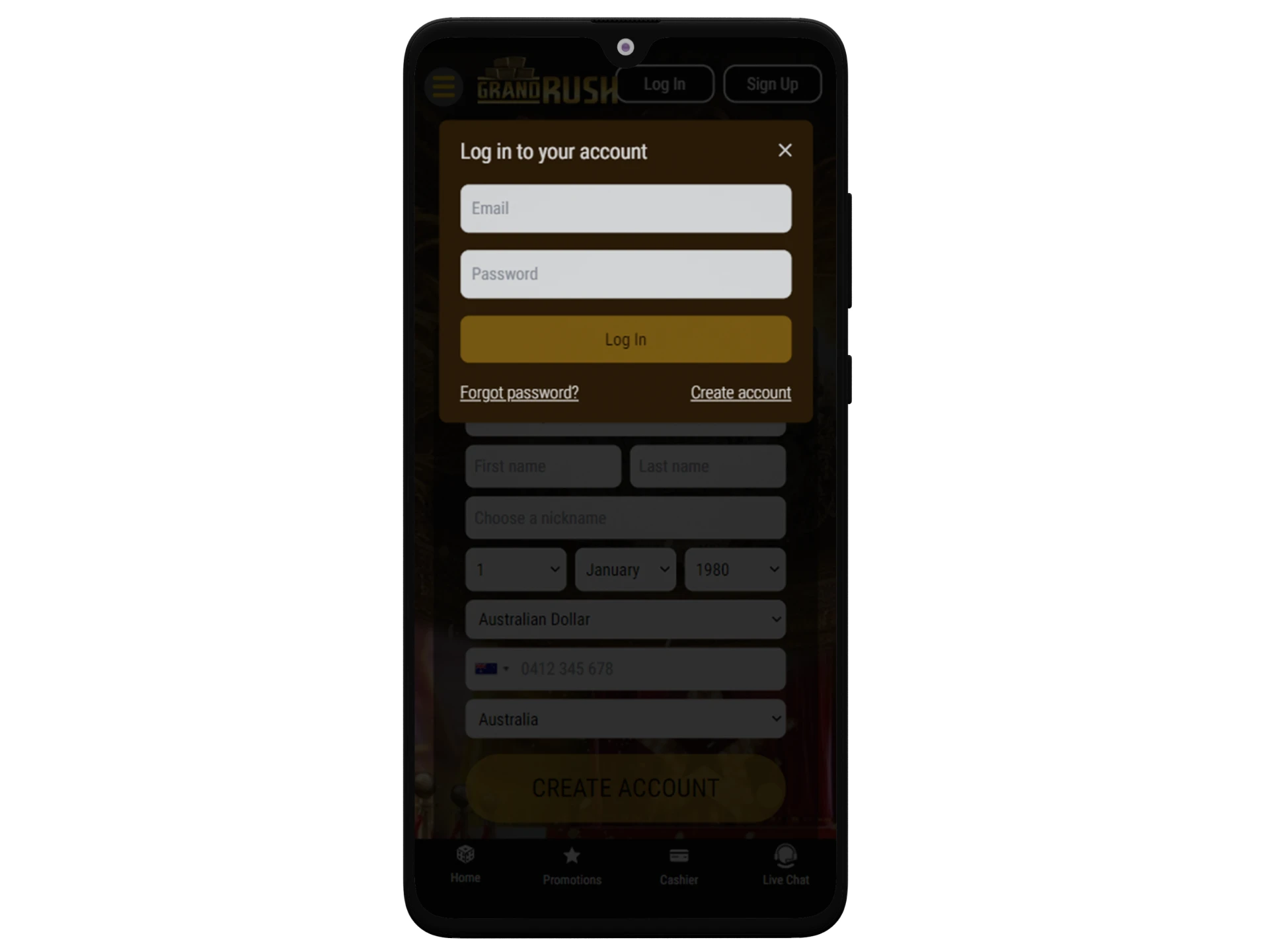 Register or log in at Grand Rush mobile on your Android device.
