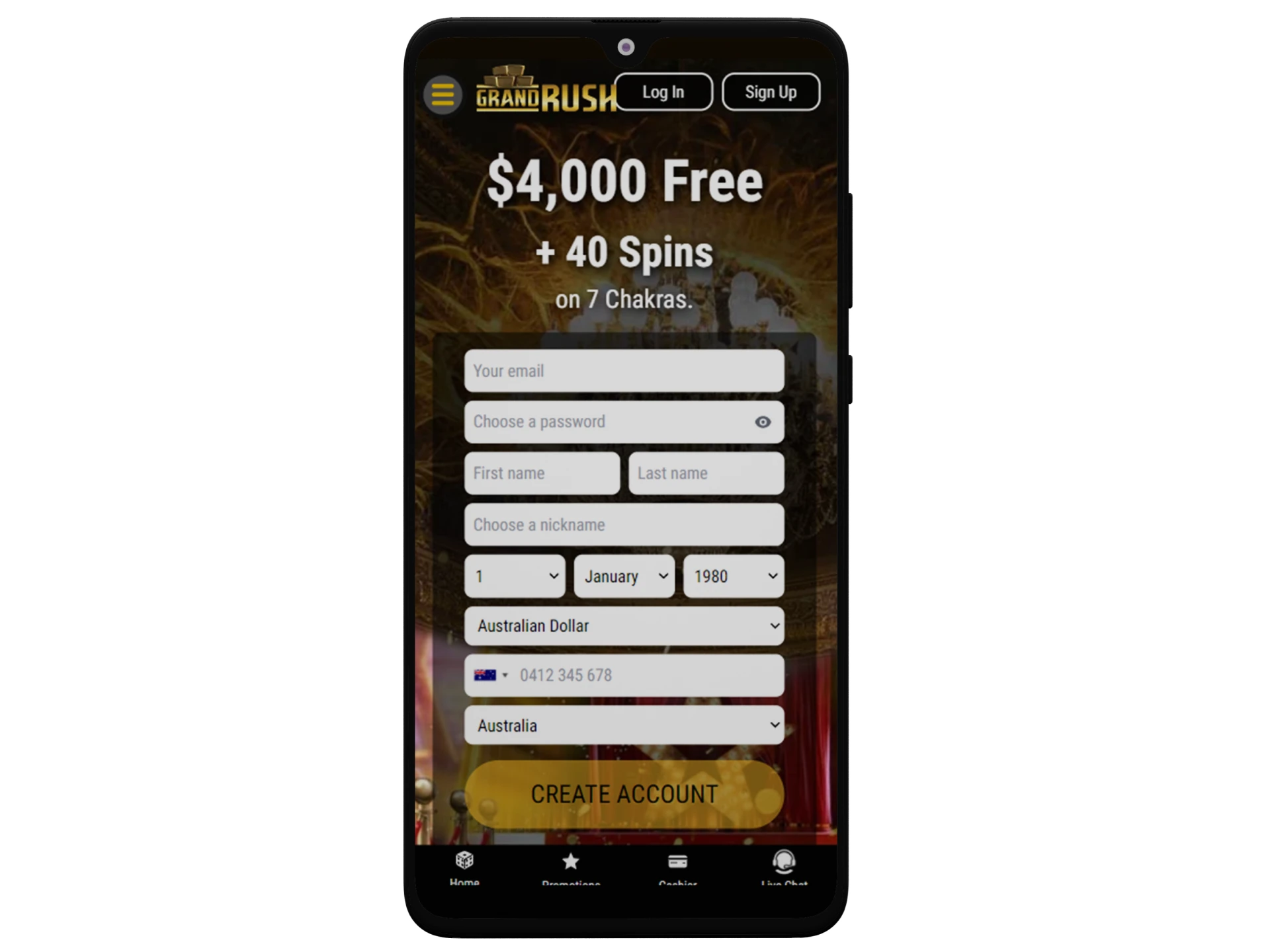 Visit the official Grand Rush Casino mobile website on any Android device.