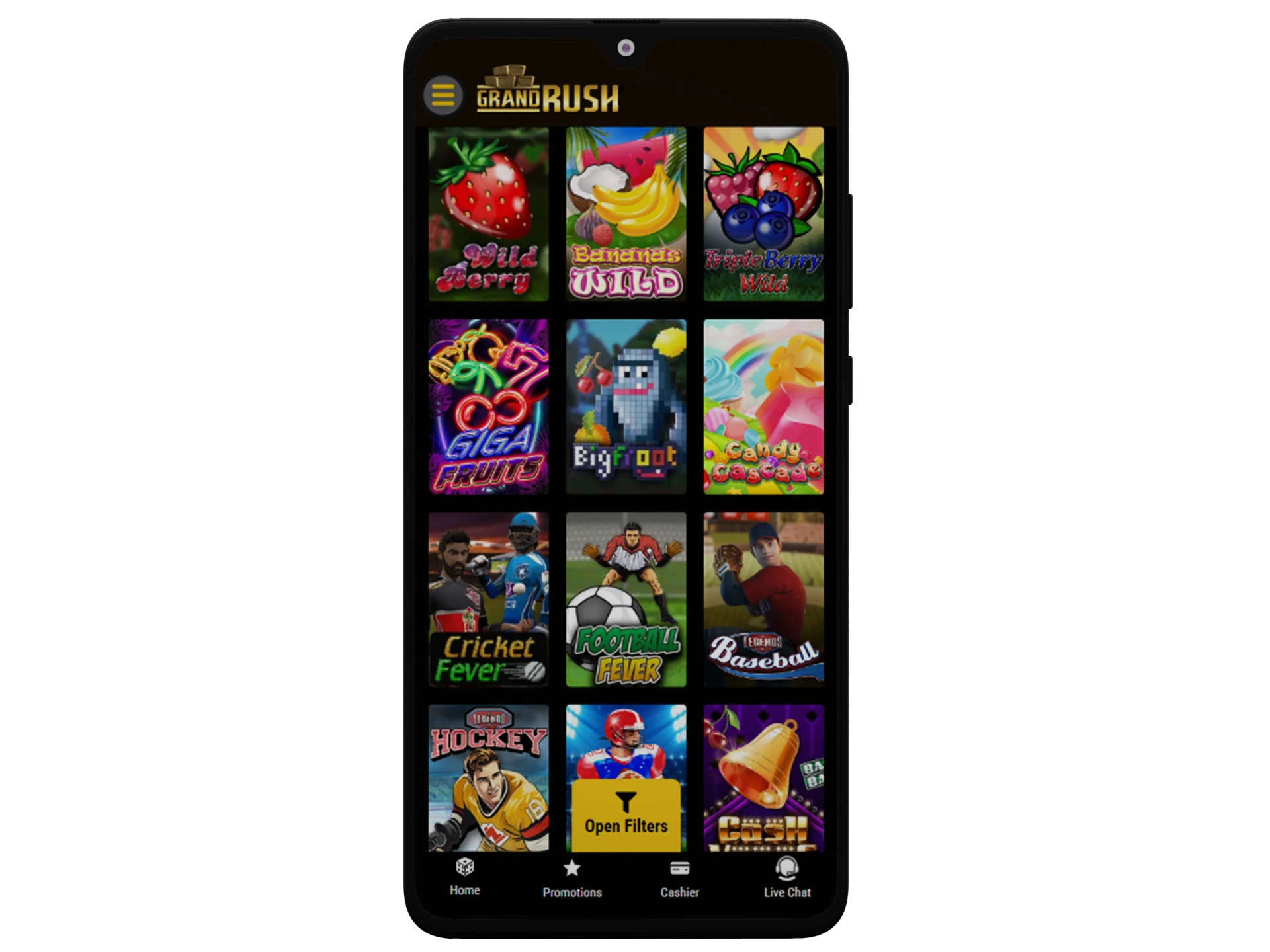 Bet on your favourite casino games through Grand Rush app on Android.