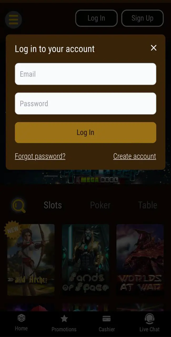 Grand Rush app has personal account login form.