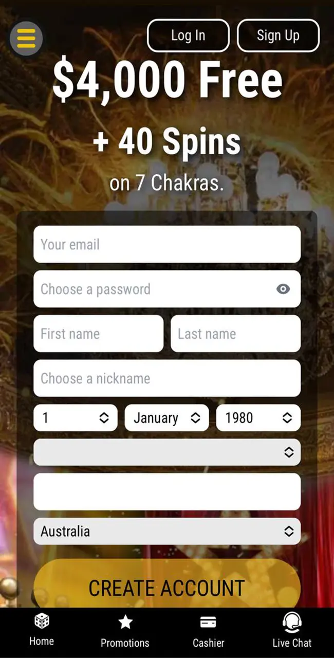Registration form in the Grand Rush app.