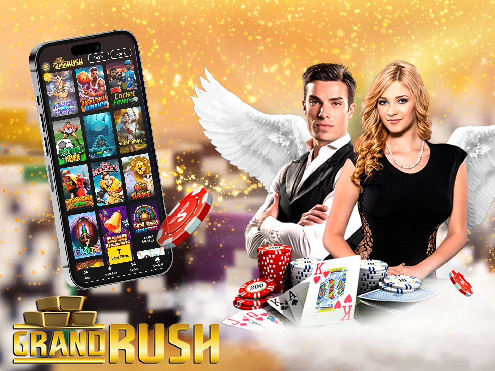 Enjoy the Grand Rush live casino through your smartphone browser.